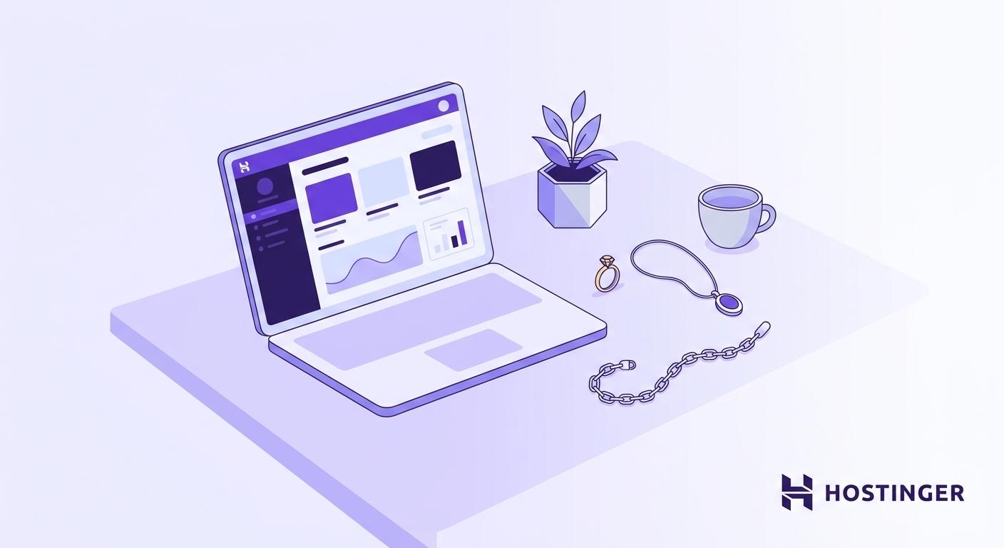 Minimal desk workspace with a laptop showing a storefront dashboard and three jewelry pieces arranged neatly