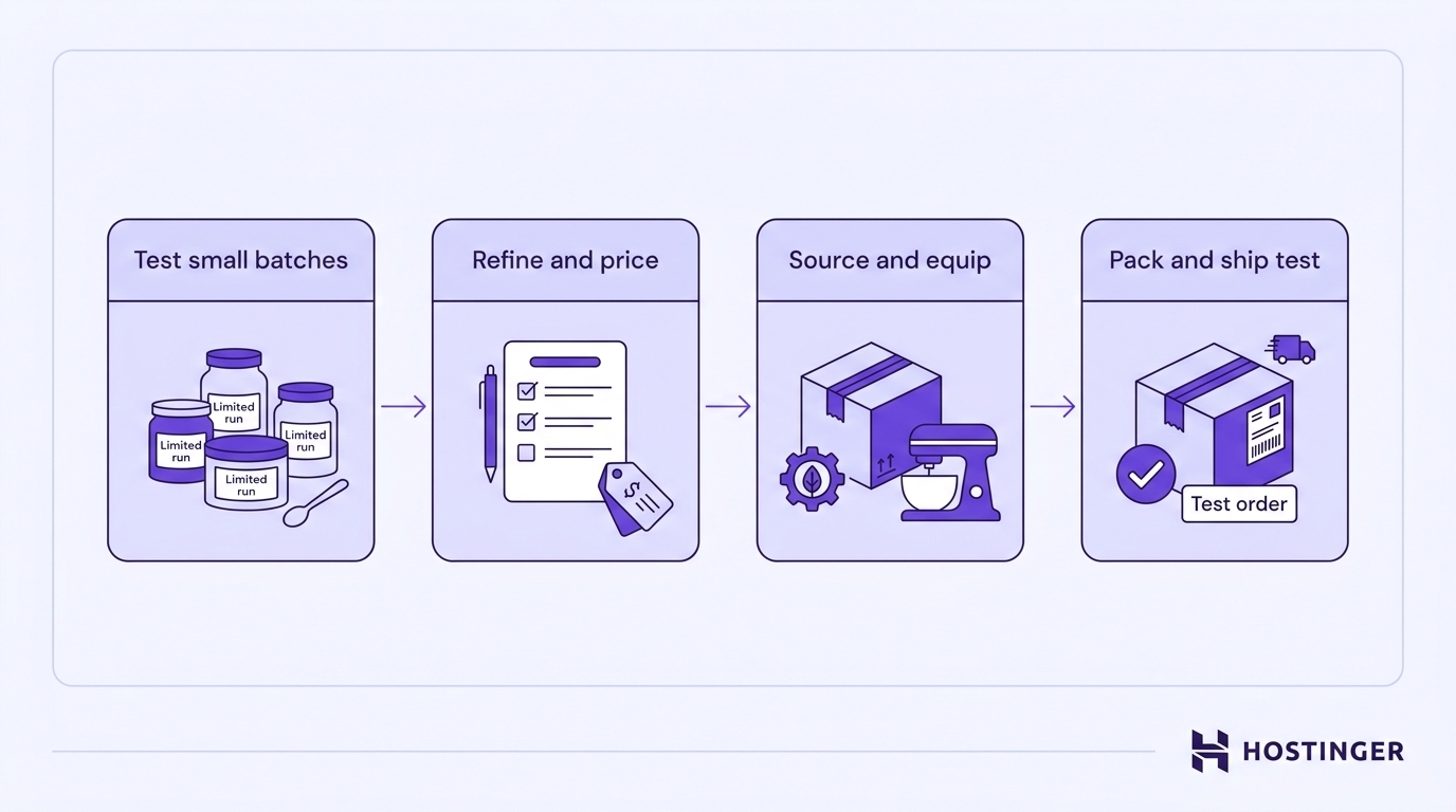 A four-stage workflow showing small batch testing, recipe refinement and pricing, supplier and equipment sourcing, and a test delivery pack before launch.
