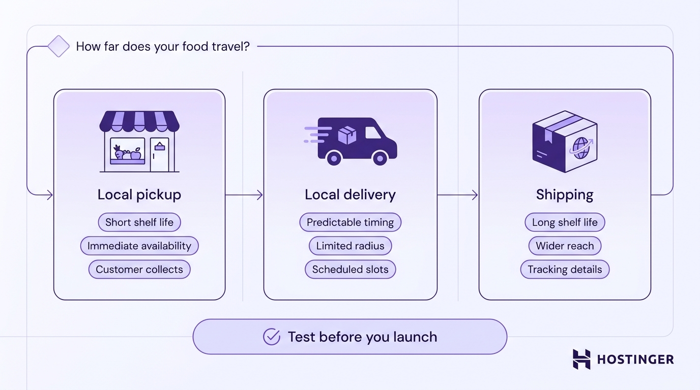 Decision flow comparing three food fulfillment methods — local pickup, local delivery, and shipping — with key considerations for each and a shared test-before-launch callout.