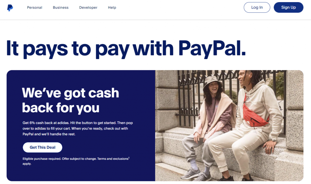 The homepage of PayPal, a money transfer service provider