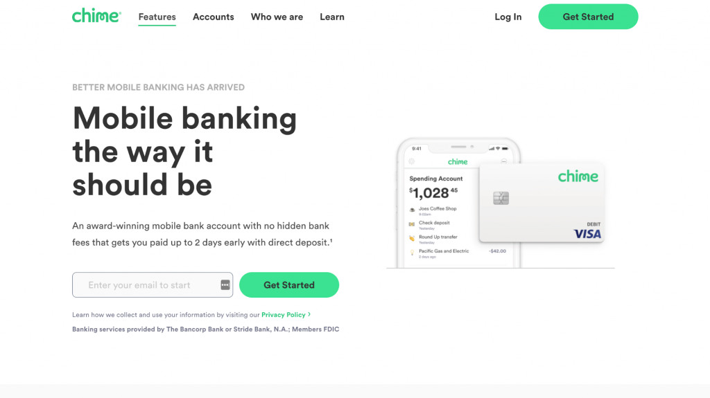 Website homepage of Chime, a digital-only mobile bank