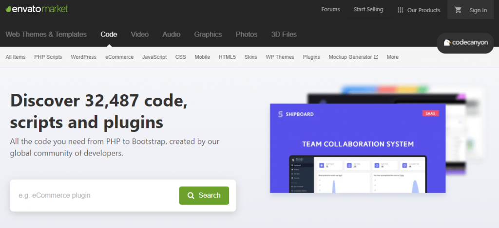 Screenshot of CodeCanyon homepage.