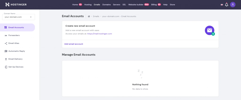 hPanel's Email Accounts section