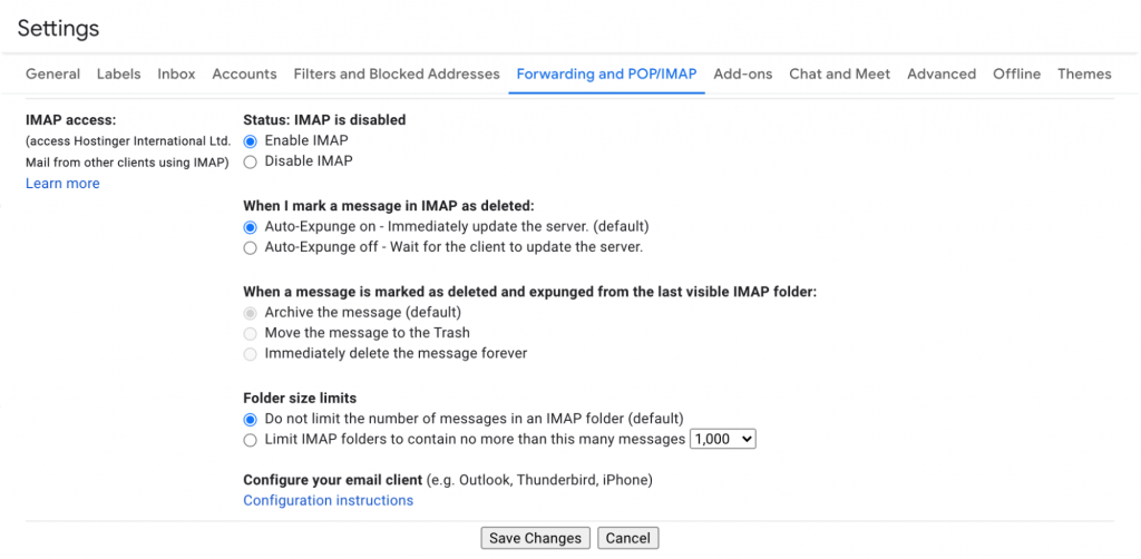 Google IMAP settings page