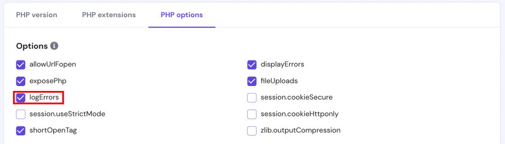 The PHP options tab in the PHP configuration section on hPanel. logErrors option is highlighted