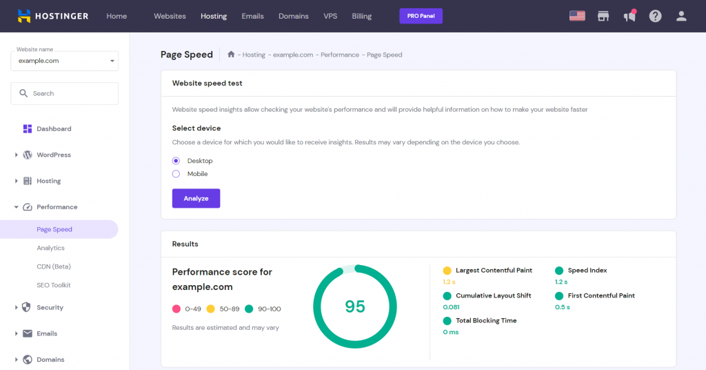 hPanel's Page Speed tool showing the performance score for example.com