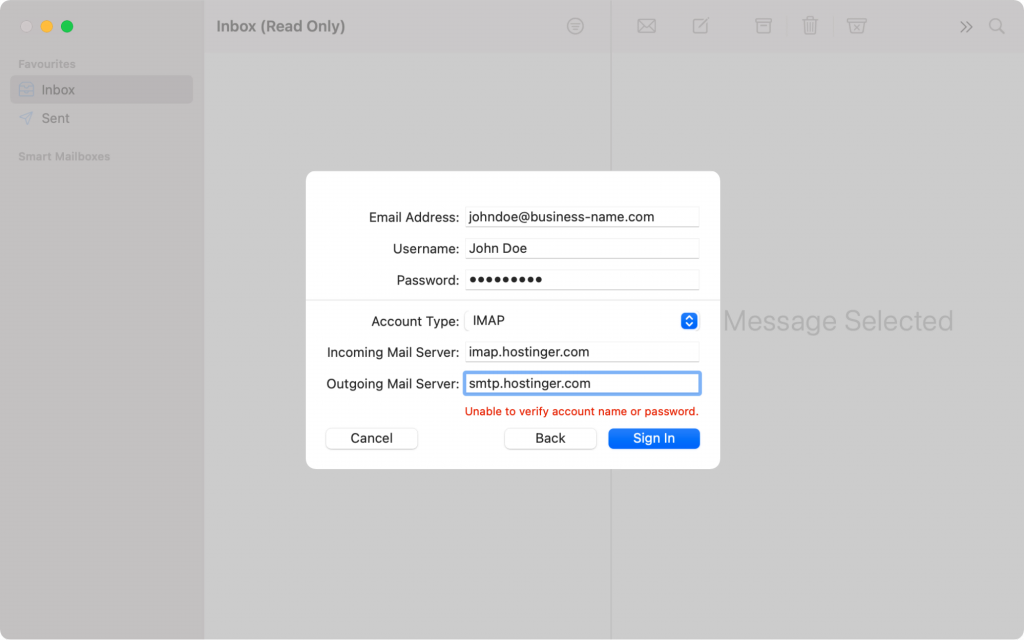 Manual setting window on Mac Mail