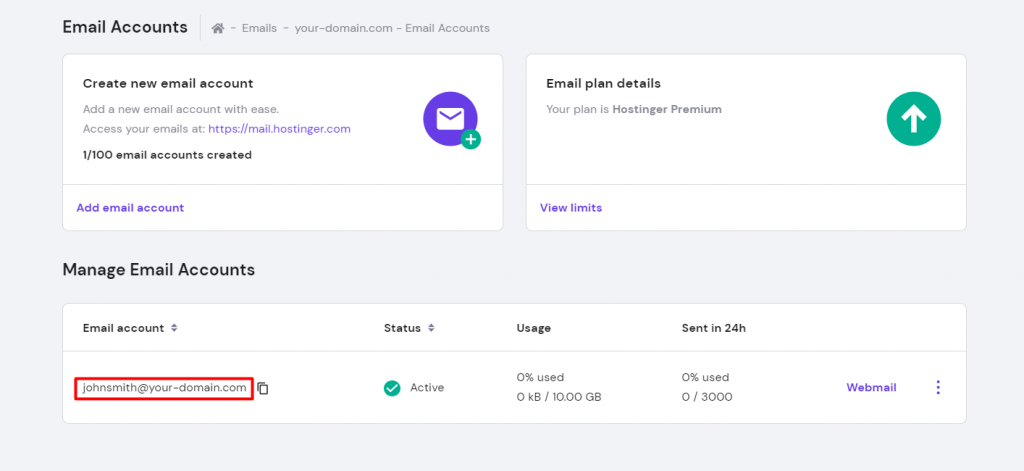 Manage Email Accounts section of the hPanel
