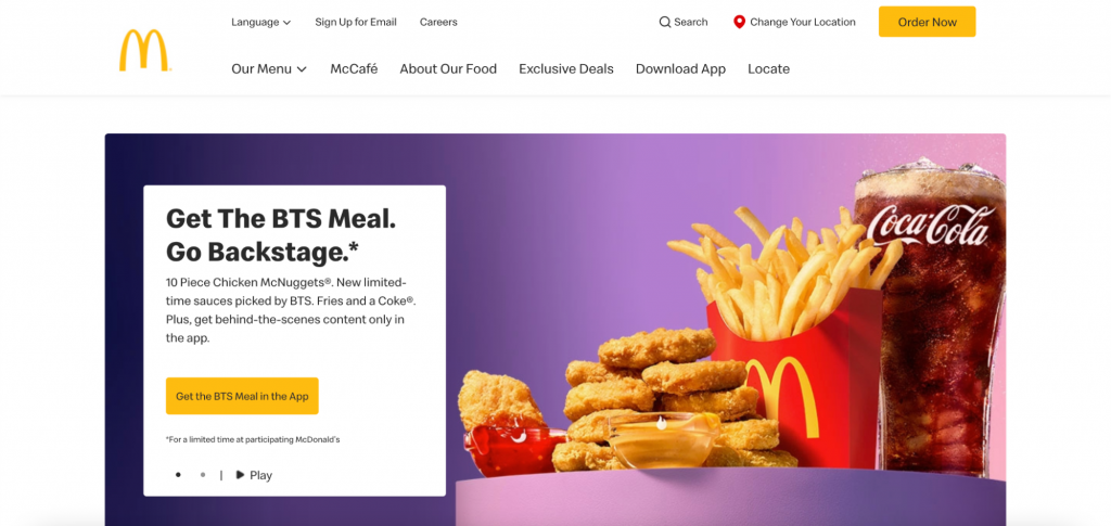 Captura de pantalla del sitio web de McDonald's