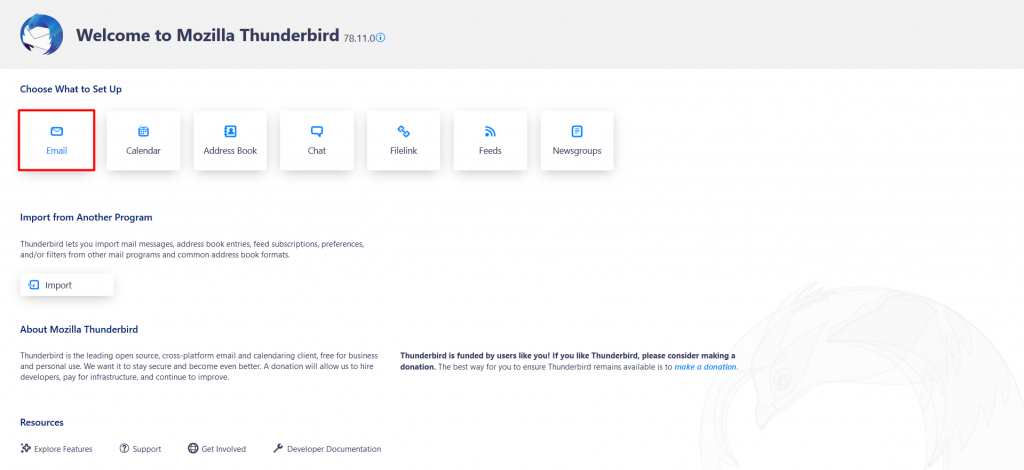 Mozilla Thunderbird's set up page