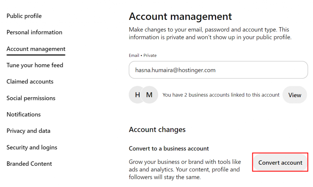 The Account Management screen on Pinterest with the Convert account button highlighted