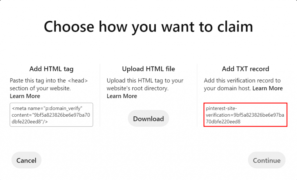 The Choose how you want to claim screen on Pinterest with the Add TXT record code highlighted
