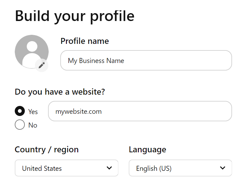 The Build your profile screen on Pinterest
