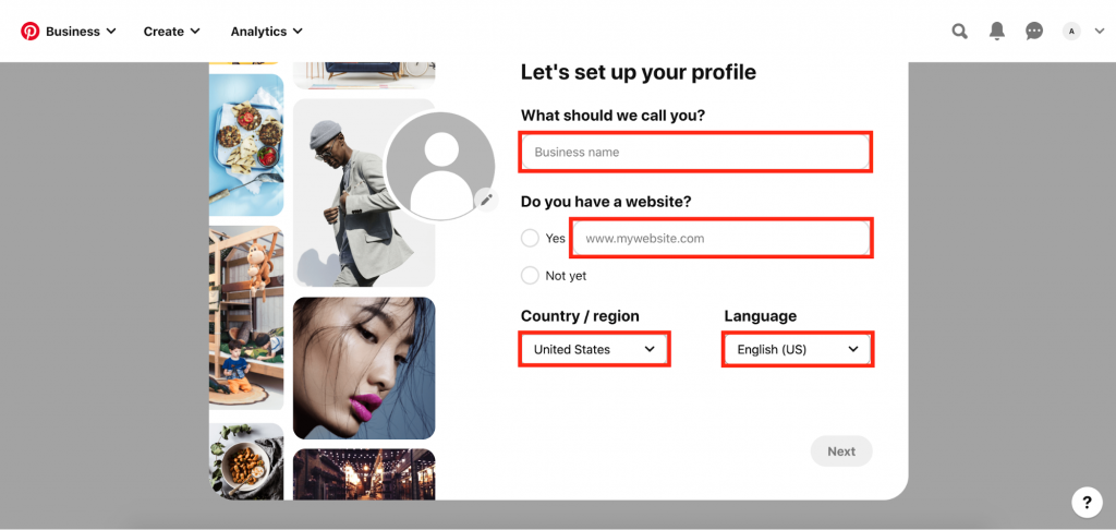 Setting up profile on Pinterest Business