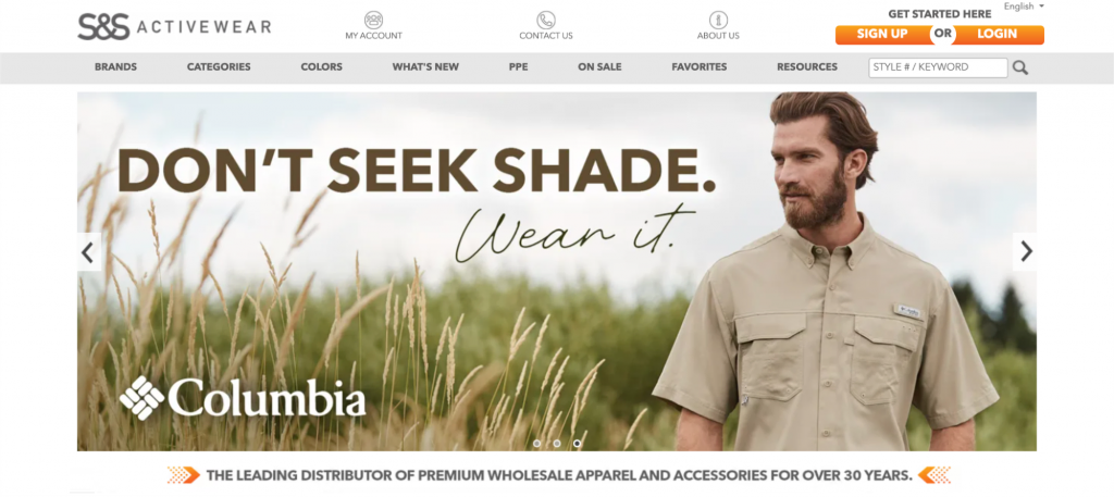 Screenshot of S&S Activewear homepage