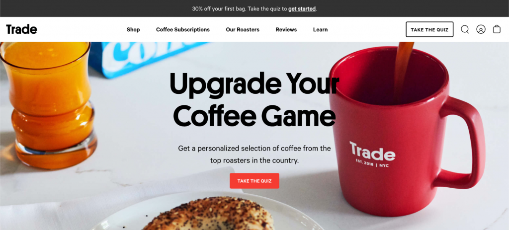 Ảnh chụp màn hình trang chủ Trade Coffee