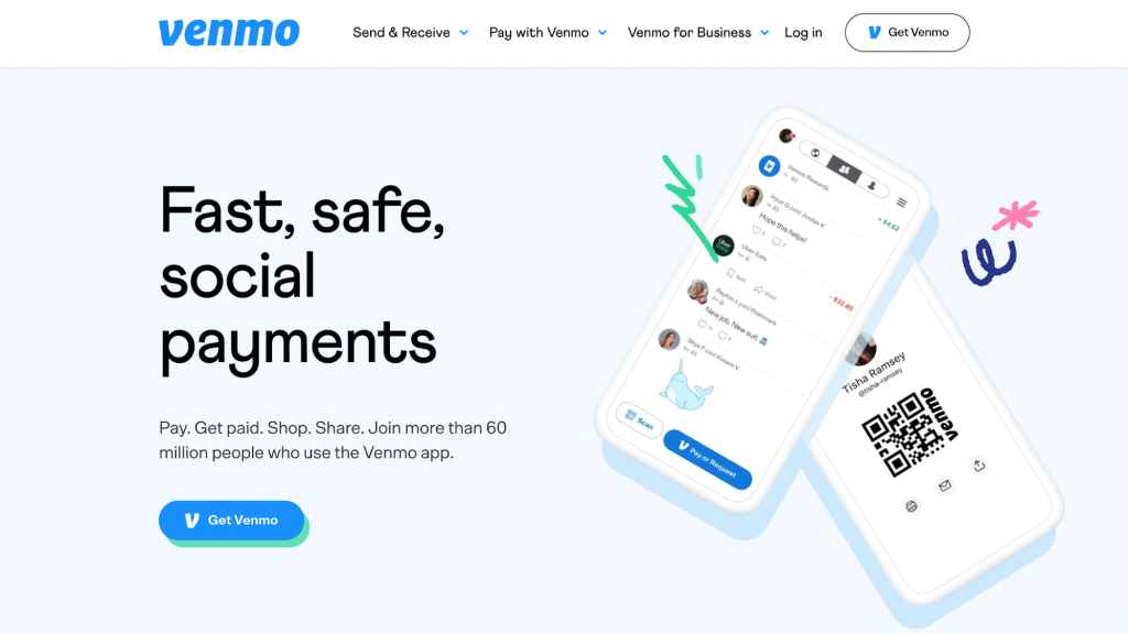Website homepage of Venmo, a mobile peer-to-peer payment application