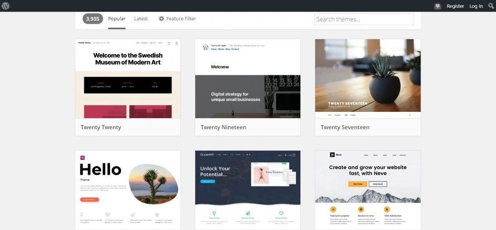 Screenshot of WordPress themes page