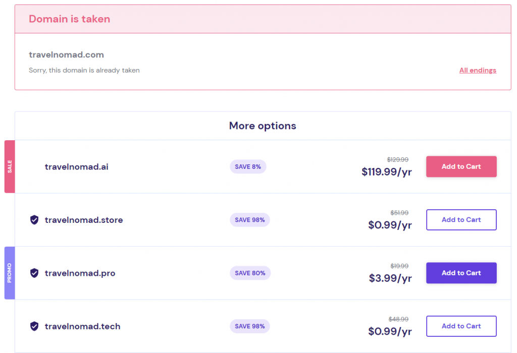 The Hostinger's Domain Checker results for travelnomad.com