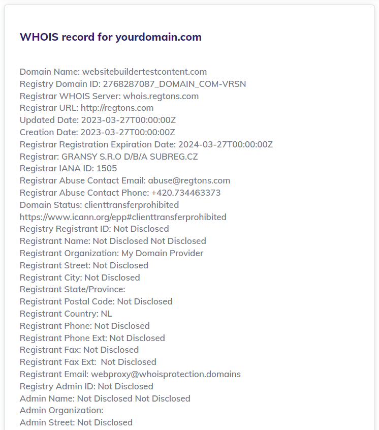 Hostinger's WHOIS record showing protected personal information