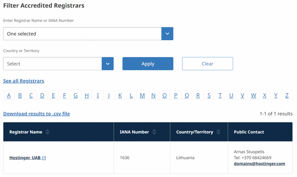 ICANN 认可注册商列表(以 Hostinger 为例)