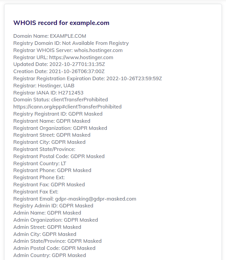 Hostinger's WHOIS record showing protected personal information
