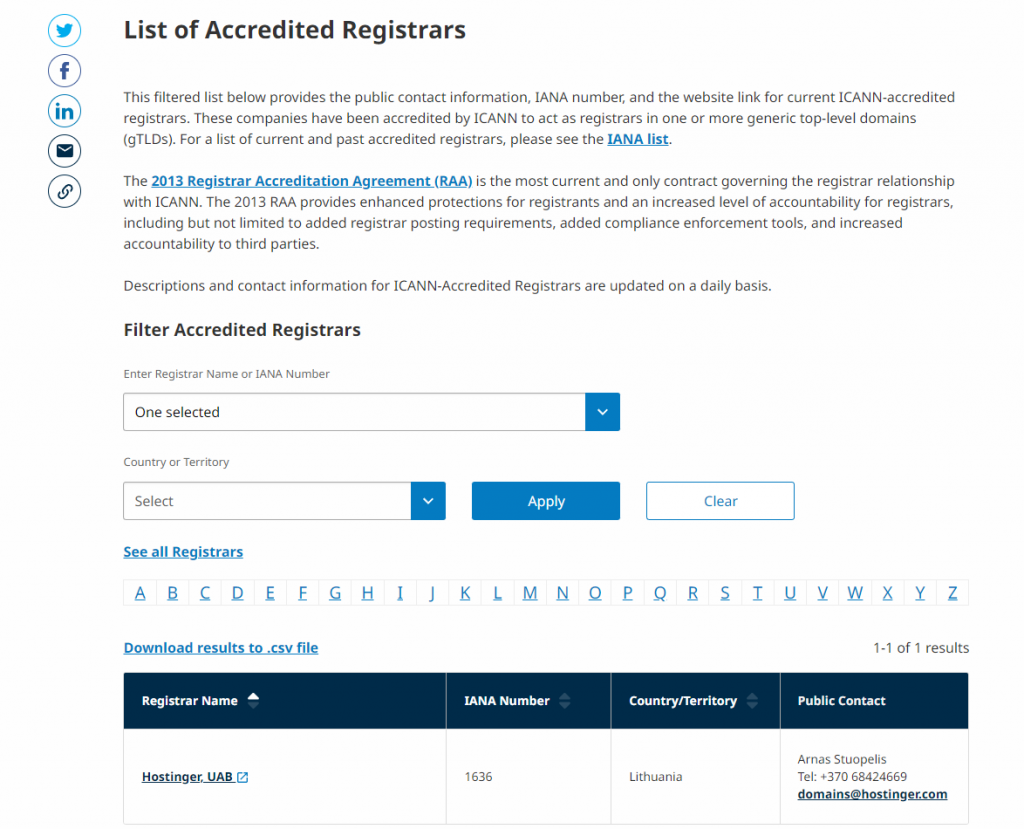 ICANN list of accredited registrars with Hostinger as an example
