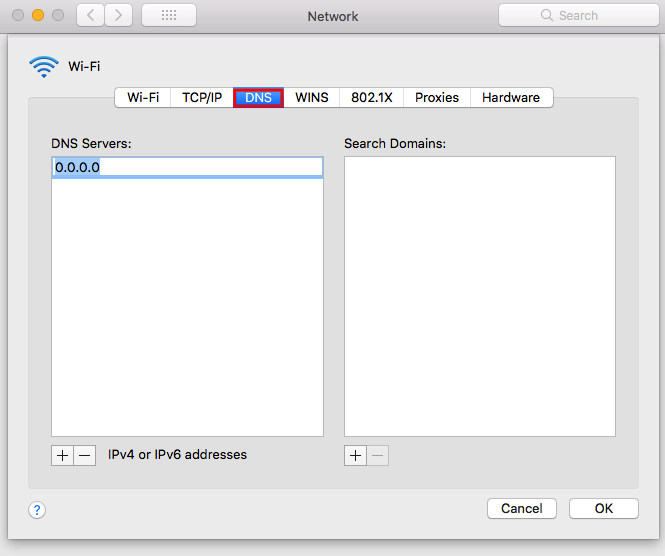 Screenshot of Mac advanced network DNS window