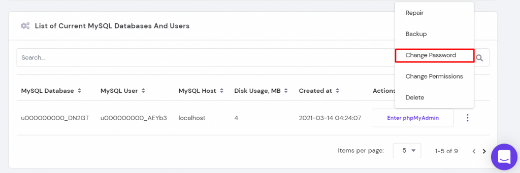 A window showing how to change password for your current database