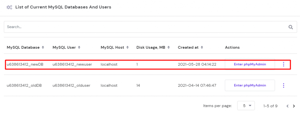 A window showing how to enter phpMyAdmin in the list of current MySQL databases and users