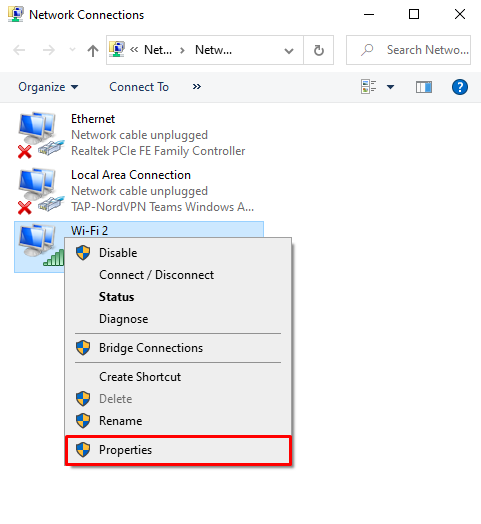 Ảnh chụp màn hình của Kết nối mạng Windows hiển thị menu thả xuống làm nổi bật nút thuộc tính 