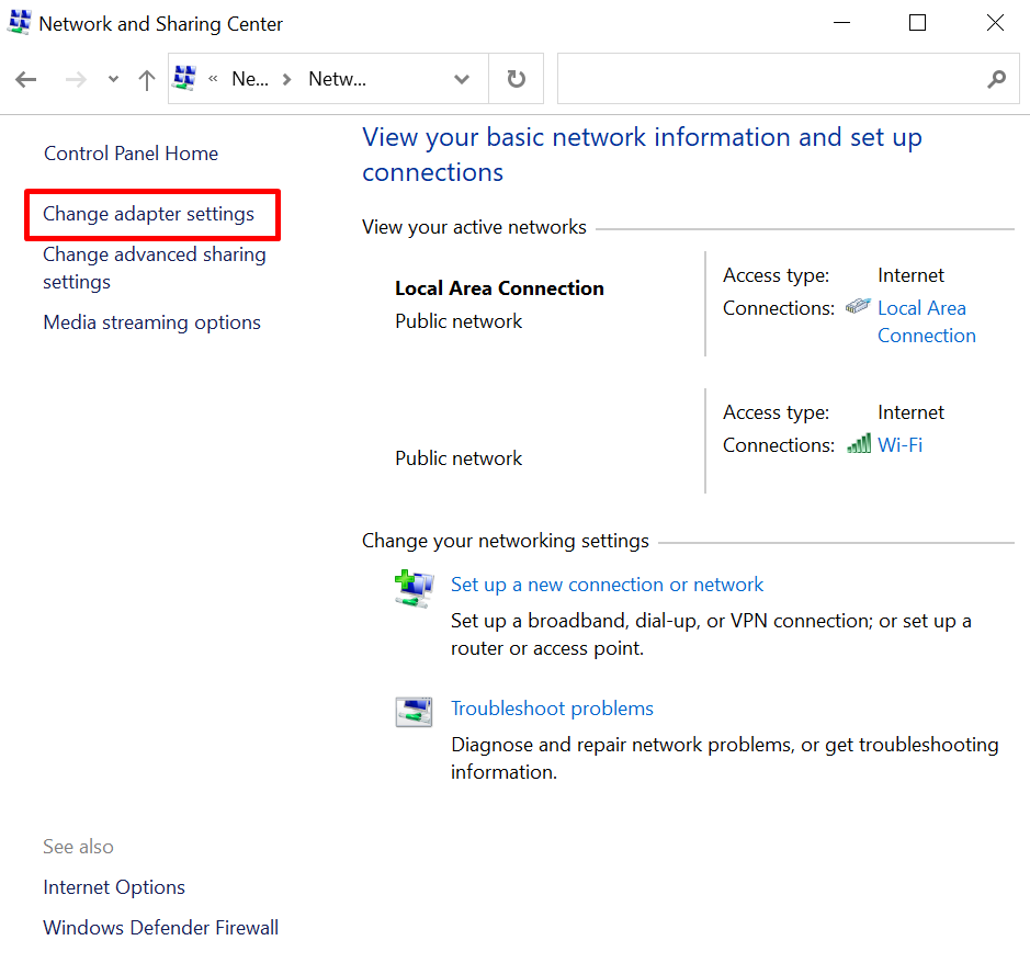 Screenshot of Control Panel Network and Sharing Center in Windows where you can change adapter settings