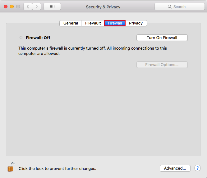 Ảnh chụp màn hình các tùy chọn hệ thống Mac minh họa cách tắt Tường lửa