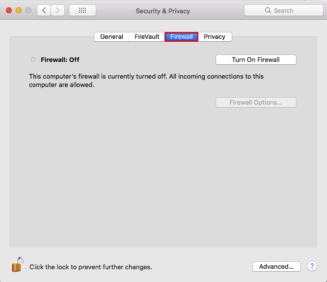 Screenshot of Mac system preferences illustrating how to turn off Firewall