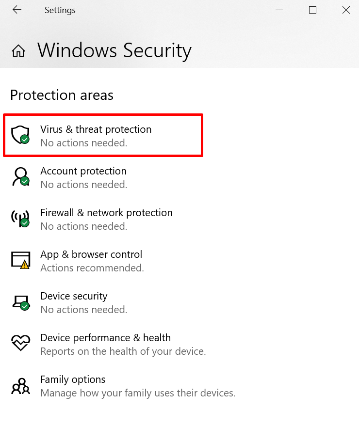 Cửa sổ cài đặt bảo mật của Windows - chọn bảo vệ chống vi-rút và mối đe dọa