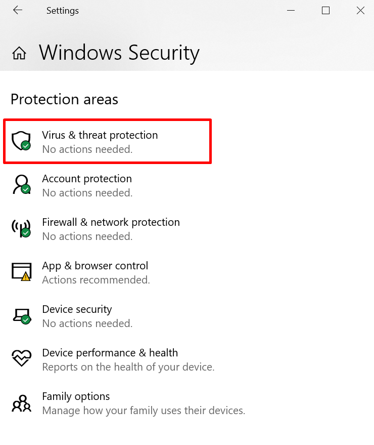 Windows security settings window - choose virus and threat protection