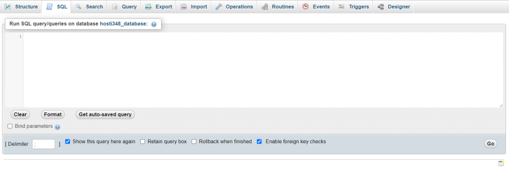A window showing WordPress database's SQL tab