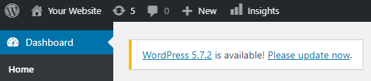 WordPress dashboard showing the notification that a new version is available.