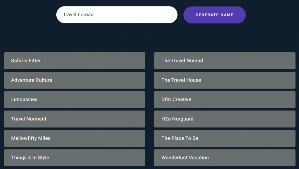 Zyro 企业名称生成器的界面显示“travel nomad”关键字的名称选项列表