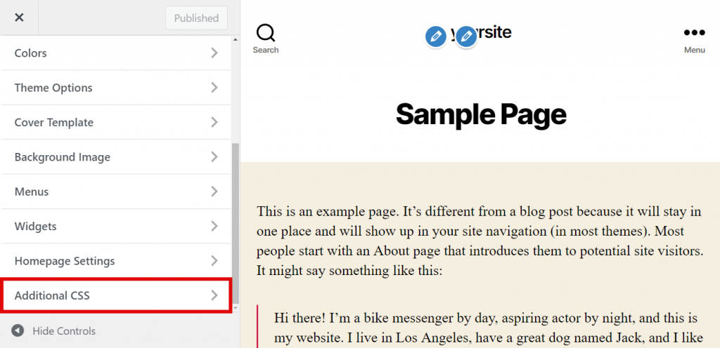 Additional CSS section in the editor panel.
