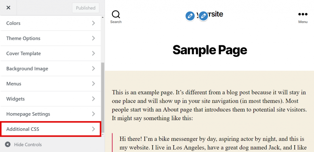 Additional CSS section in the editor panel. 