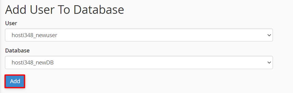 cPanel window showing how to add created users to the database