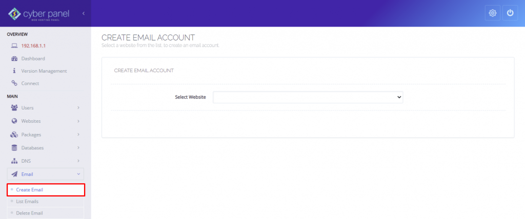 A screenshot showing how to create email in the Cyberpanel dashboard 