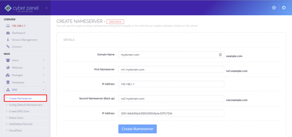 A screenshot showing how to create nameserver in the Cyberpanel dashboard