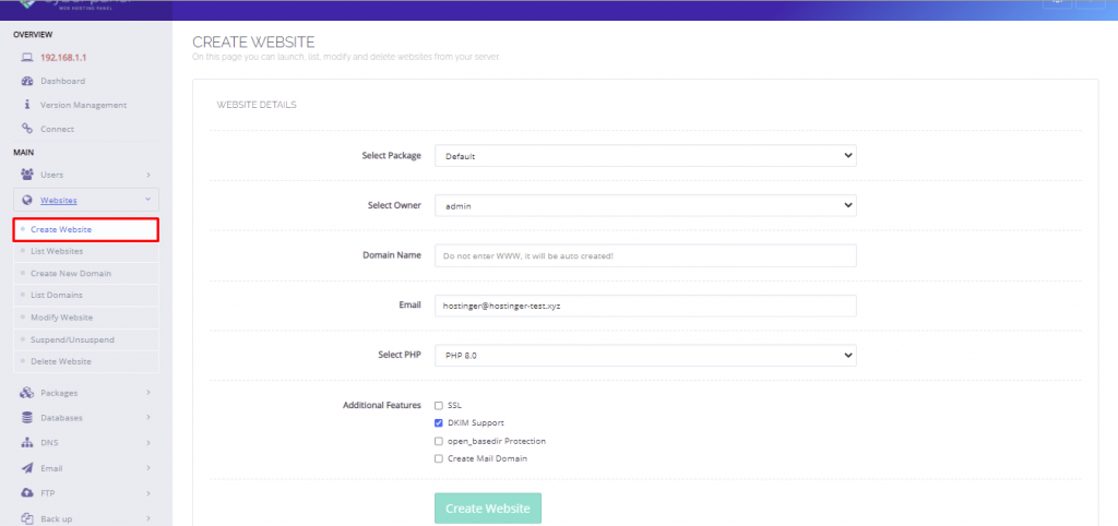 A screenshot showing how to create website in the Cyberpanel dashboard 