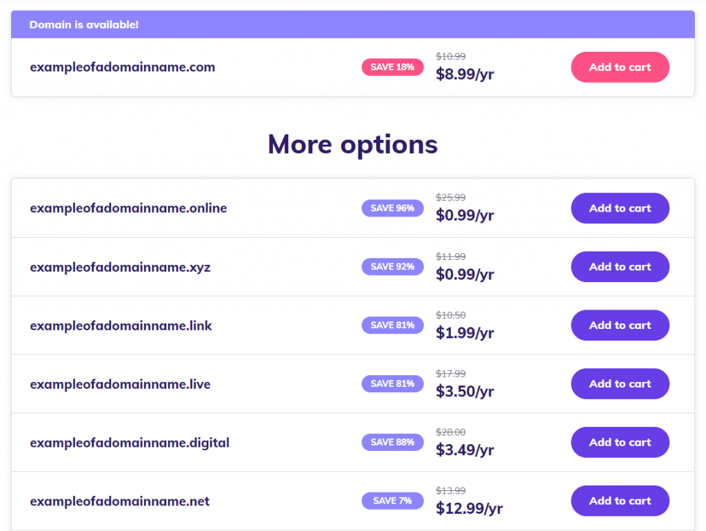 A window of domain name options with different extensions and their prices
