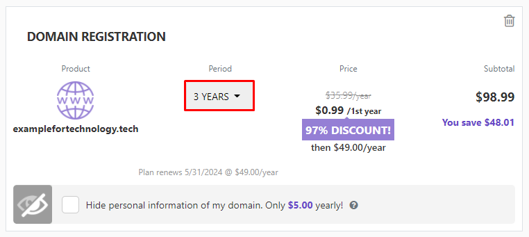 Domain registration tab showing the discount you get for registering the domain name for three years