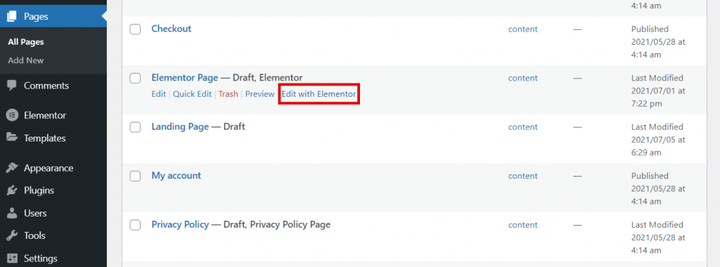 Pages section, highlighting the Edit with Elementor button.