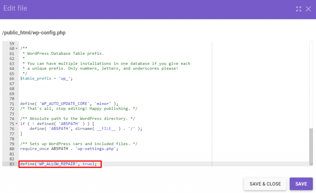 Edit file window showing where to insert the function in the wp-config.file