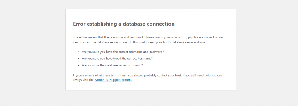 A window showing Error establishing a database connection and its possible causes